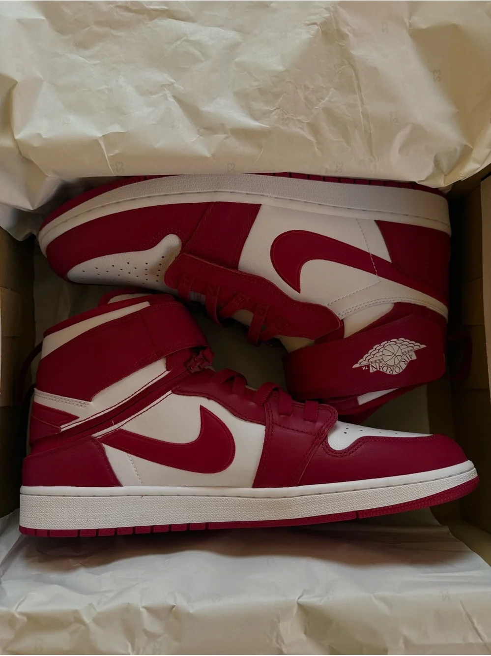 Jordan• 1 Hi Flyease in Cardinal Red and White
